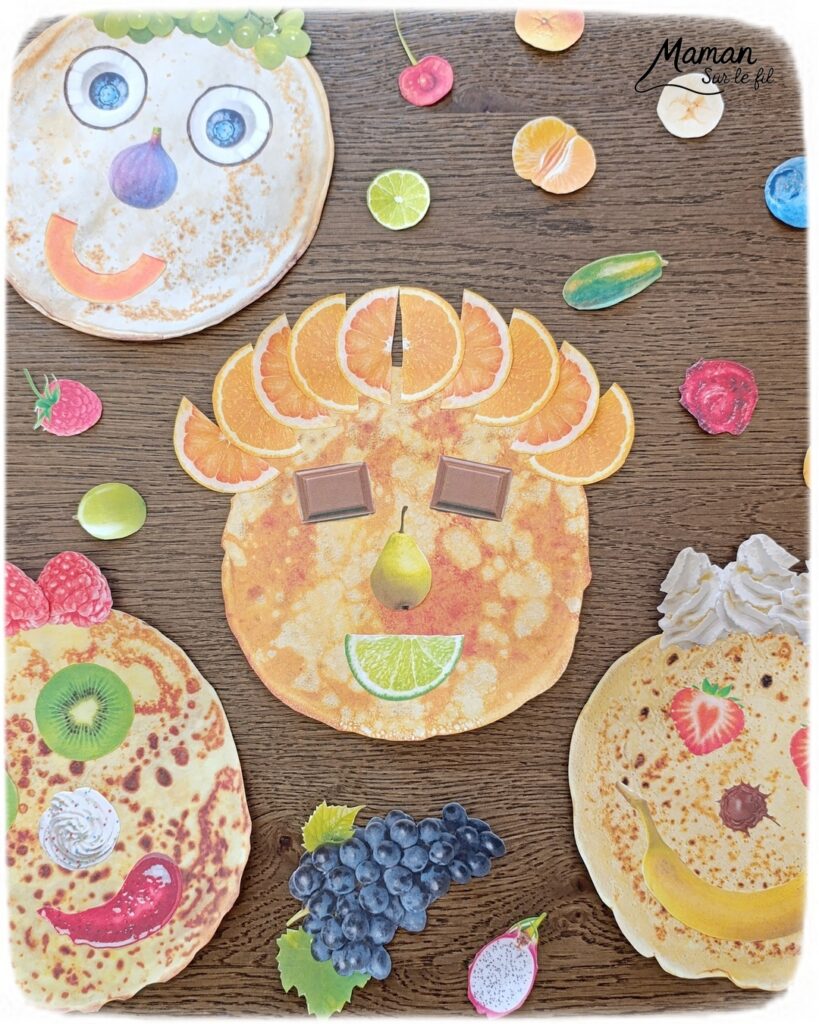 Décore ta crêpe comme un visage : Jeu pour la Chandeleur : activité créative et manuelle enfants - PDF gratuit - Printable à télécharger gratuitement - Découpage, collage, imagination - Différents modèles de crêpes et multiples ingrédients pour cheveux, yeux, nez, bouche (fruits, chocolat, crème fouettée, confiture, miel sucre - Bricolage facile, mignon et rigolo - Thème Hiver, Chandeleur, goûters rigolos, gourmandises sucrées - Bricolage et décoration sympa et facile - Arts visuels maternelle et élémentaire - Cycles 1 et 2 - Créativité - tutoriel photos - mslf