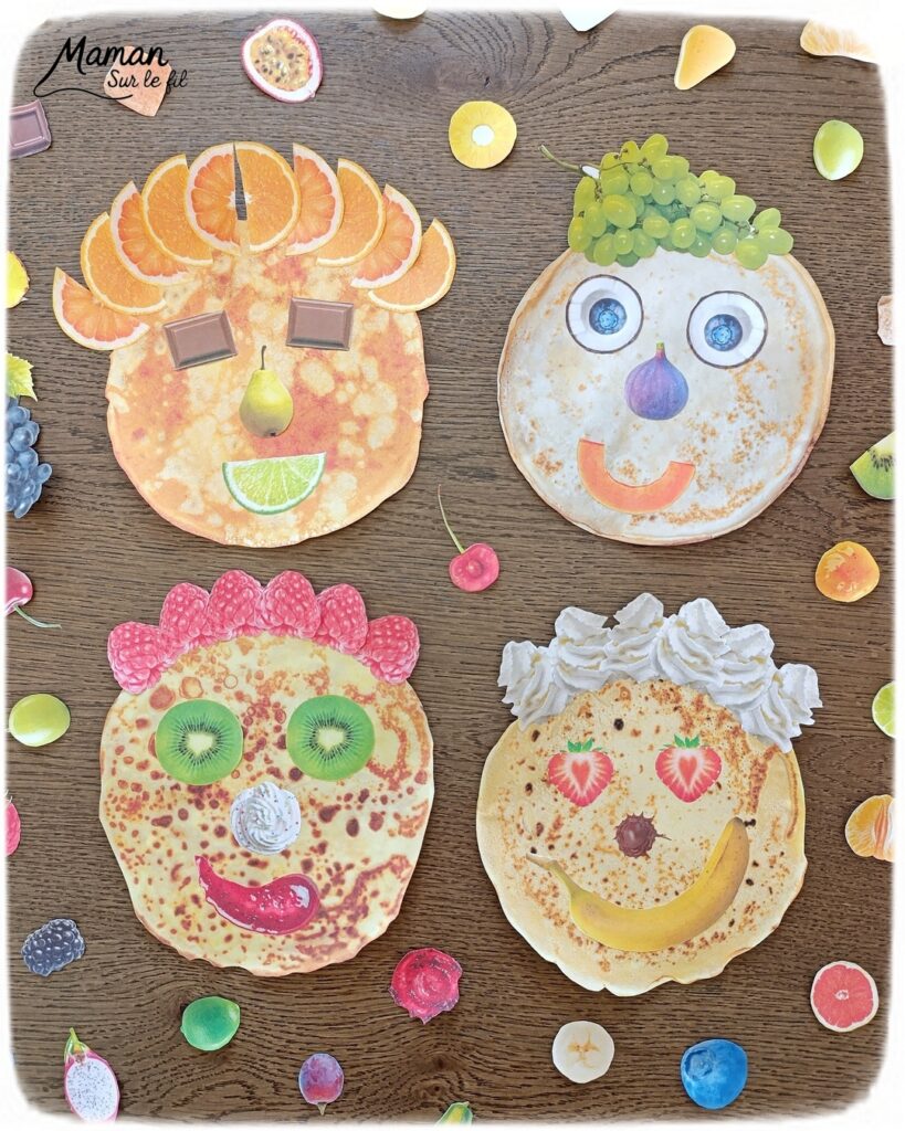Décore ta crêpe comme un visage : Jeu pour la Chandeleur : activité créative et manuelle enfants - PDF gratuit - Printable à télécharger gratuitement - Découpage, collage, imagination - Différents modèles de crêpes et multiples ingrédients pour cheveux, yeux, nez, bouche (fruits, chocolat, crème fouettée, confiture, miel sucre - Bricolage facile, mignon et rigolo - Thème Hiver, Chandeleur, goûters rigolos, gourmandises sucrées - Bricolage et décoration sympa et facile - Arts visuels maternelle et élémentaire - Cycles 1 et 2 - Créativité - tutoriel photos - mslf