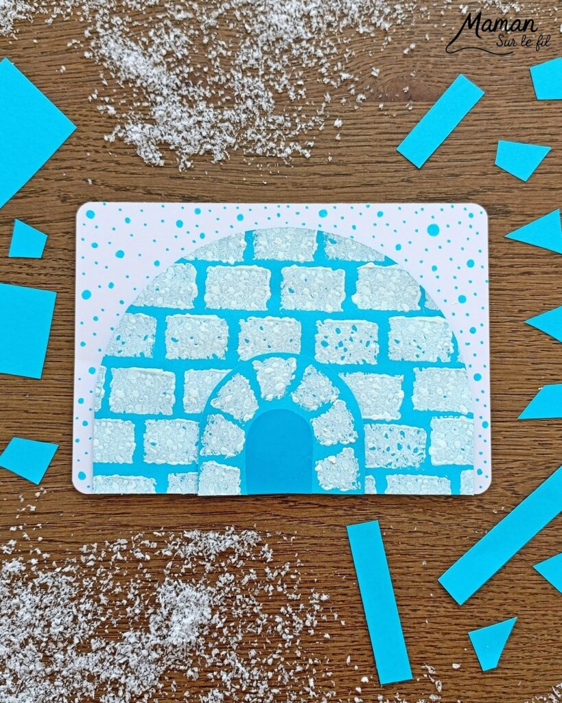 Peindre un igloo avec une éponge : activité créative, peinture et manuelle enfants - Technique de peinture ludique - Effet neige et briques grâce à une éponge - Découpage, collage - Relief grâce à des adhésifs double face en mousse - Graphismes et dessins - Bricolage facile et rigolo - Thème igloos, inuits, esquimaux, banquise, neige, pôle Arctique et Antarctique, hiver - Bricolage et décoration sympa et facile - Arts visuels maternelle et élémentaire - Cycles 1 et 2 - Créativité - tutoriel photos et vidéo - mslf