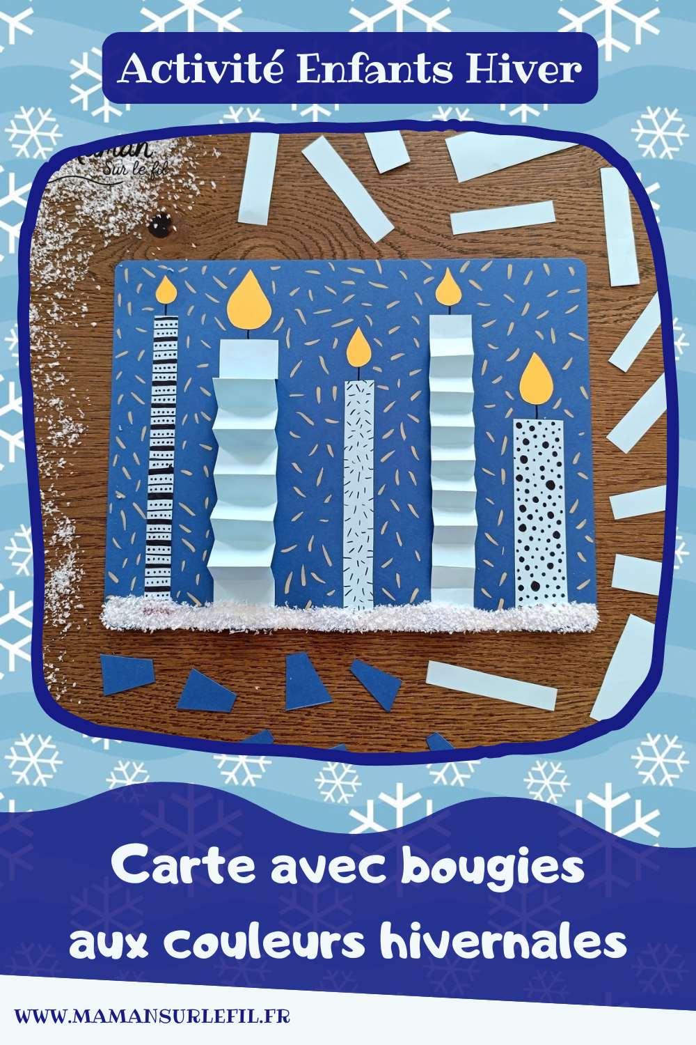 Créer une carte avec des bougies hivernales en papier, pliées en accordéon et décorées de graphismes : activité créative et manuelle enfants - Découpage, pliage et collage de papier - Pliage en accordéon - Dessins et graphismes noirs - Contraste avec couleurs hivernales - Sur lit de fausse neige - Bricolage joli et décoration DIY et facile - Bricolage Fait maison, décoration - Thème Noël, fêtes de fin d'année, cartes de voeux, hiver, cocooning - Bricolage sympa et facile - Arts visuels Maternelle et cycle 2 - Maternelle et élémentaire - Créativité - Cycle 1 ou 2 - tutoriel photos - mslf