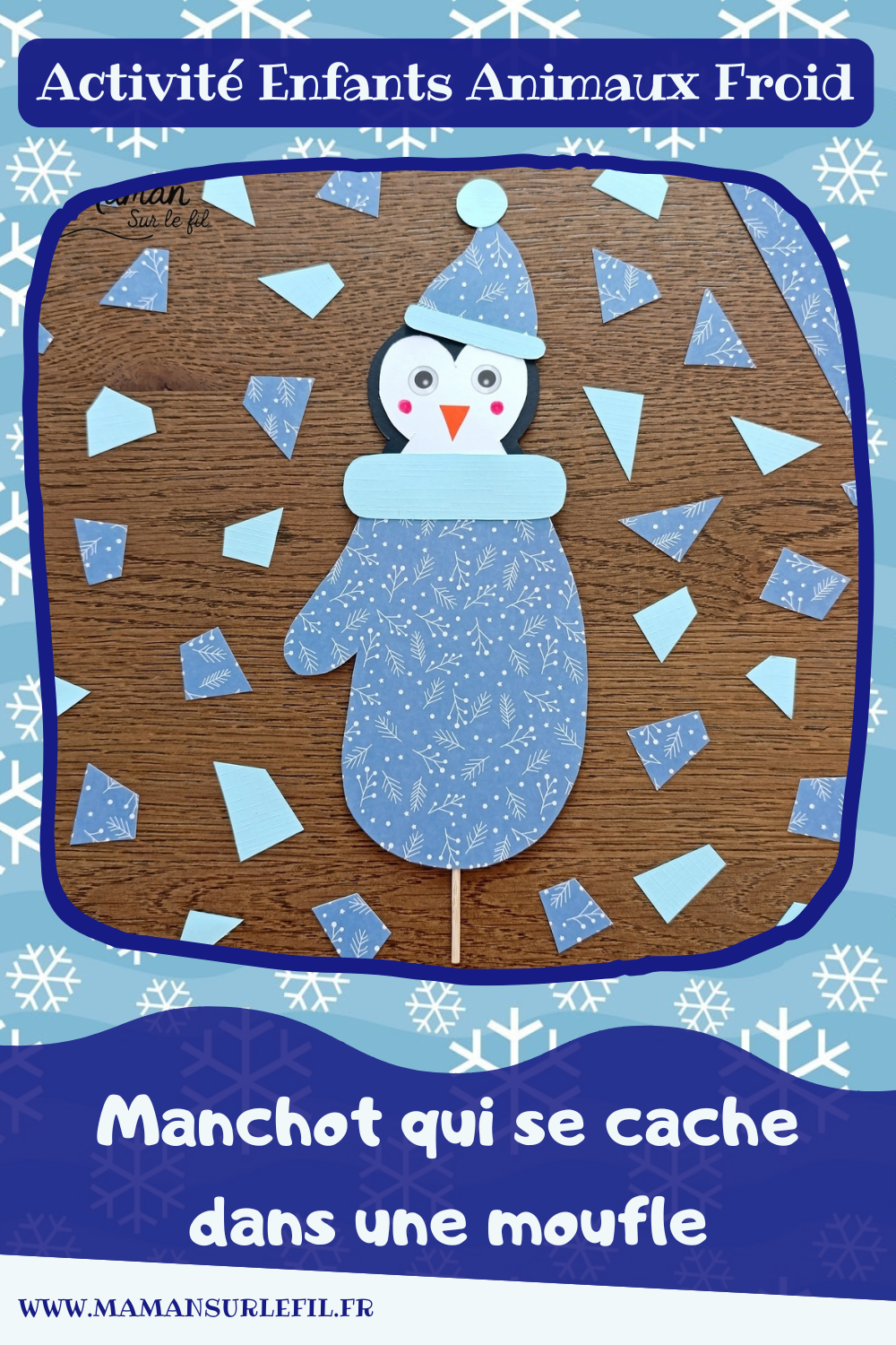 Fabriquer un manchot qui se cache à volonté dans une moufle : activité créative et manuelle enfants - Bricolage rigolo à manipuler comme une marionnette - Découpage et collage de papier - Scotch pour fixer le pic à brochettes ou bâtonnet de bois - Le pingouin peut se cacher et apparaitre à volonté dans la moufle - Bricolage et décoration DIY et facile - Bricolage Fait maison, décoration - Thème hiver, froid, neige, animaux du froid, de la banquise, des pôles, vêtements - Bricolage sympa et facile - Arts visuels Maternelle et cycle 2 - Maternelle et élémentaire - Créativité - Cycle 1 ou 2 - tutoriel photos et vidéo - mslf