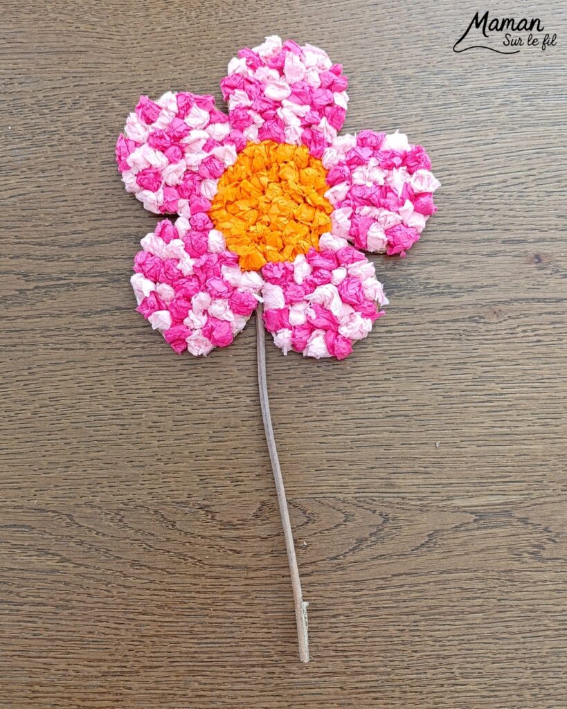 Fabriquer une fleur à offrir en carton et papier de soie : activité créative, collage, récup' et manuelle enfants - Recyclage, surcyclage de carton et de papiers de soie des colis - Boules de papier de soie froissé et collé - Tige avec branche d'arbre et message sur feuilles en papier - Colle vinylique - Cadeau DIY, fait maison à offrir - Bricolage facile et rigolo - Thème Saint Valentin, amour, amitié, coeurs, fête des mères, pères, grands-mères, grands-pères, à offrir, nature, printemps - Cadeau DIY - Bricolage et décoration sympa et facile - Arts visuels maternelle et élémentaire - Cycles 1 et 2 - Créativité - tutoriel photos et vidéo - mslf