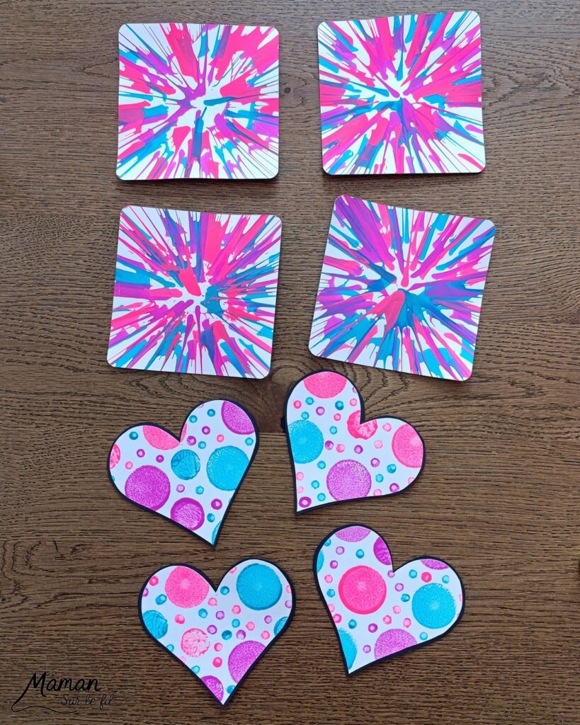 Peindre des cartes Coeurs Pop Art à l'essoreuse : activité créative, peinture et manuelle enfants - Différentes techniques de peinture ludique : à l'essoreuse à salade pour un fond coloré et moderne - Au tampon, au bouchon et au coton-tige pour les coeurs - Cadre noir pour faire ressortir le coeur - Découpage, collage - - Bricolage facile et rigolo - Thème Saint Valentin, amour, amitié, coeurs, fête des mères, pères, grands-mères, grands-pères, à offrir - Cadeau DIY - Bricolage et décoration sympa et facile - Arts visuels maternelle et élémentaire - Cycles 1 et 2 - Créativité - tutoriel photos - mslf
