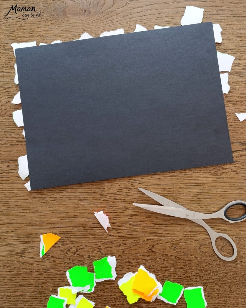 Créer un tableau du carnaval sur fond en mosaïque de papier fluo déchiré : activité créative, collage et manuelle enfants - Déchirage, découpage et collage de papiers fluos - Carrés collés de façon mosaïque ou Arlequin - Masque de carnaval noir pour le contraste - Mousse adhésive pour l'effet 3D en relief - Bricolage facile, coloré et rigolo - Thème Carnaval, Mardi-Gras et fêtes - Bricolage et décoration sympa et facile - Arts visuels maternelle et élémentaire - Cycles 1 et 2 - Créativité - tutoriel photos - mslf