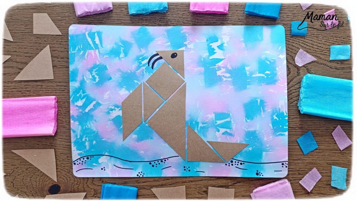 Créer un morse en origami sur fond au papier crépon : activité créative, récup' et manuelle enfants - Fond réalisé avec technique de peinture ludique : papier crépon découpé et eau - Recyclage, surcyclage de carton pour le morse en tangram - Géométrie, reproduction de modèles, dessin - Découpage, collage - - Bricolage facile et rigolo - Thème animaux du froid, de la banquise, neige, pôles, hiver - Bricolage et décoration sympa et facile - Arts visuels maternelle et élémentaire - Cycles 1 et 2 - Créativité - tutoriel photos - mslf