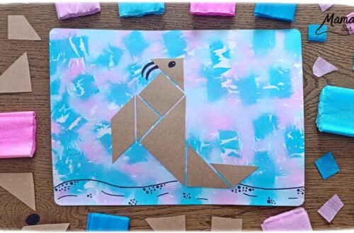 Créer un morse en origami sur fond au papier crépon : activité créative, récup' et manuelle enfants - Fond réalisé avec technique de peinture ludique : papier crépon découpé et eau - Recyclage, surcyclage de carton pour le morse en tangram - Géométrie, reproduction de modèles, dessin - Découpage, collage - - Bricolage facile et rigolo - Thème animaux du froid, de la banquise, neige, pôles, hiver - Bricolage et décoration sympa et facile - Arts visuels maternelle et élémentaire - Cycles 1 et 2 - Créativité - tutoriel photos - mslf
