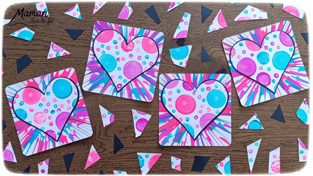 Peindre des cartes Coeurs Pop Art à l'essoreuse : activité créative, peinture et manuelle enfants - Différentes techniques de peinture ludique : à l'essoreuse à salade pour un fond coloré et moderne - Au tampon, au bouchon et au coton-tige pour les coeurs - Cadre noir pour faire ressortir le coeur - Découpage, collage - - Bricolage facile et rigolo - Thème Saint Valentin, amour, amitié, coeurs, fête des mères, pères, grands-mères, grands-pères, à offrir - Cadeau DIY - Bricolage et décoration sympa et facile - Arts visuels maternelle et élémentaire - Cycles 1 et 2 - Créativité - tutoriel photos - mslf
