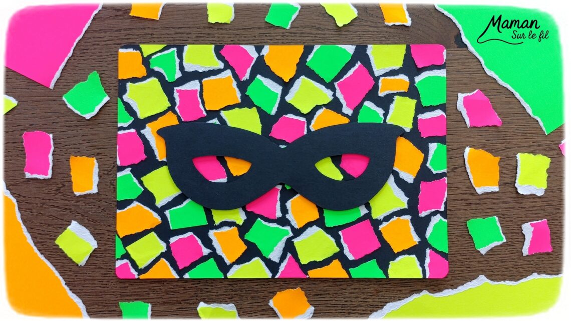 Créer un tableau du carnaval sur fond en mosaïque de papier fluo déchiré : activité créative, collage et manuelle enfants - Déchirage, découpage et collage de papiers fluos - Carrés collés de façon mosaïque ou Arlequin - Masque de carnaval noir pour le contraste - Mousse adhésive pour l'effet 3D en relief - Bricolage facile, coloré et rigolo - Thème Carnaval, Mardi-Gras et fêtes - Bricolage et décoration sympa et facile - Arts visuels maternelle et élémentaire - Cycles 1 et 2 - Créativité - tutoriel photos - mslf