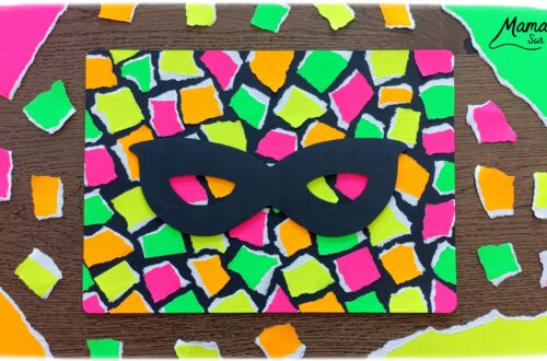 Créer un tableau du carnaval sur fond en mosaïque de papier fluo déchiré : activité créative, collage et manuelle enfants - Déchirage, découpage et collage de papiers fluos - Carrés collés de façon mosaïque ou Arlequin - Masque de carnaval noir pour le contraste - Mousse adhésive pour l'effet 3D en relief - Bricolage facile, coloré et rigolo - Thème Carnaval, Mardi-Gras et fêtes - Bricolage et décoration sympa et facile - Arts visuels maternelle et élémentaire - Cycles 1 et 2 - Créativité - tutoriel photos - mslf