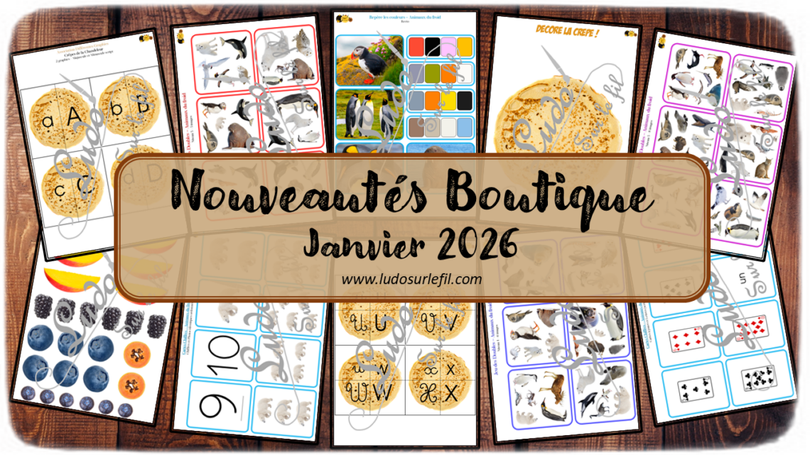 Nouveautés janvier 2026 - Boutique en ligne Ludo sur le fil - fichiers jeux pdf à télécharger et imprimer ou jeux imprimés envoyés à domicile - Thèmes Hiver, Animaux du froid, crêpes et Chandeleur - repère les couleurs, jeu des doubles, cartes Chiffres, association de graphies, écriture, puzzles, imagination, observation, langage oral, vocabulaire - Photos - Association, mise en paire, mathématiques - jeux, activités - PDF à télécharger et imprimer - PDF Gratuit, Printable à télécharger gratuitement - atelier autocorrectif multi niveaux donc progressif - Vocabulaire, lexique - Maternelle Cycle 2 - Autonomie - Carnaval, gourmandises, anniversaires, banquise, pôles - mslf