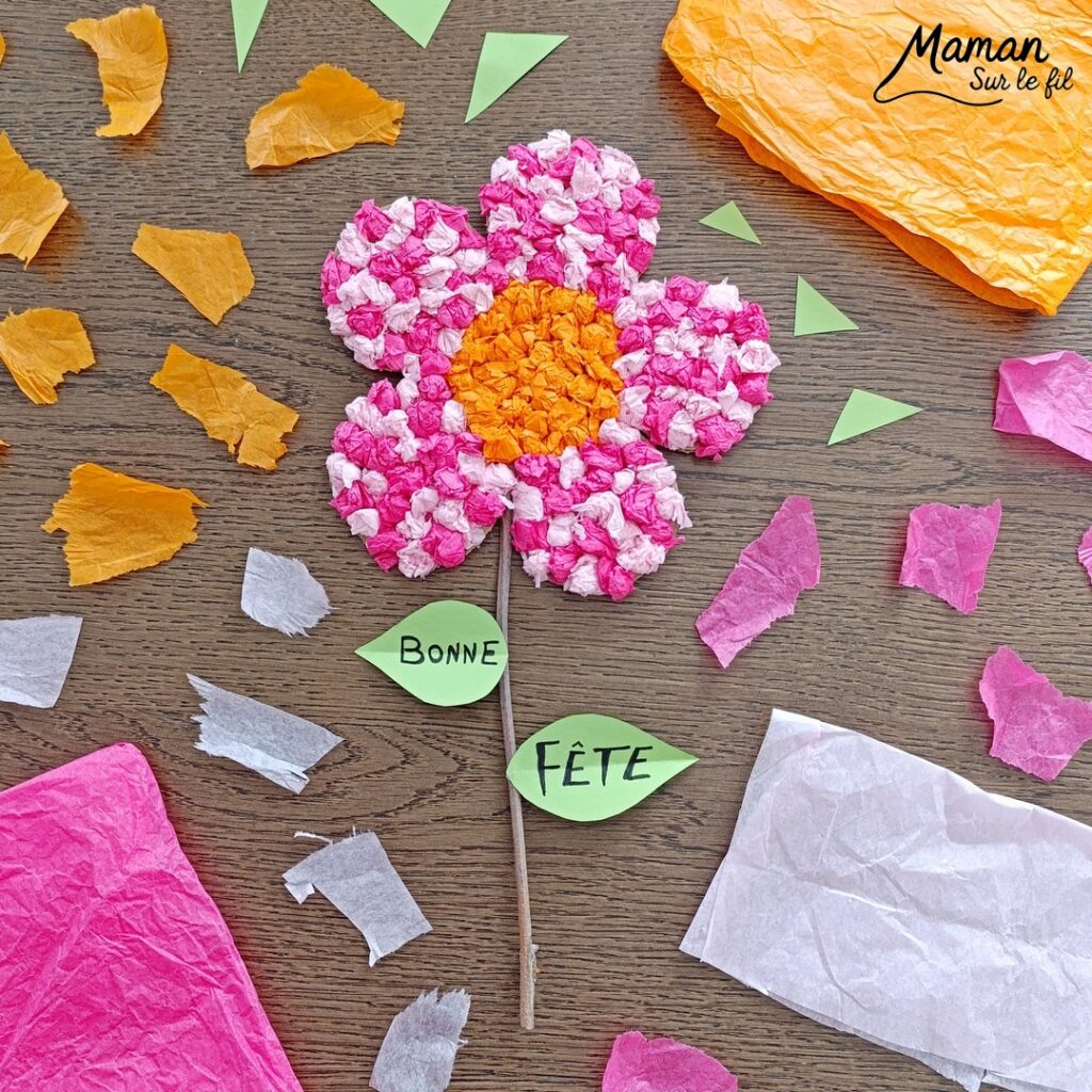 Fabriquer une fleur à offrir en carton et papier de soie : activité créative, collage, récup' et manuelle enfants - Recyclage, surcyclage de carton et de papiers de soie des colis - Boules de papier de soie froissé et collé - Tige avec branche d'arbre et message sur feuilles en papier - Colle vinylique - Cadeau DIY, fait maison à offrir - Bricolage facile et rigolo - Thème Saint Valentin, amour, amitié, coeurs, fête des mères, pères, grands-mères, grands-pères, à offrir, nature, printemps - Cadeau DIY - Bricolage et décoration sympa et facile - Arts visuels maternelle et élémentaire - Cycles 1 et 2 - Créativité - tutoriel photos et vidéo - mslf