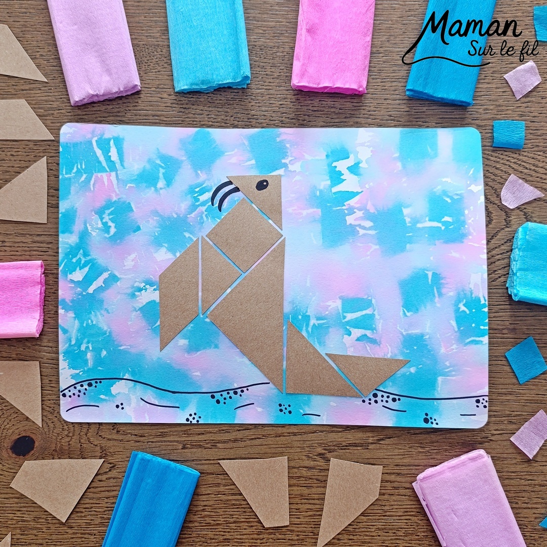 Créer un morse en origami sur fond au papier crépon : activité créative, récup' et manuelle enfants - Fond réalisé avec technique de peinture ludique : papier crépon découpé et eau - Recyclage, surcyclage de carton pour le morse en tangram - Géométrie, reproduction de modèles, dessin - Découpage, collage - - Bricolage facile et rigolo - Thème animaux du froid, de la banquise, neige, pôles, hiver - Bricolage et décoration sympa et facile - Arts visuels maternelle et élémentaire - Cycles 1 et 2 - Créativité - tutoriel photos - mslf