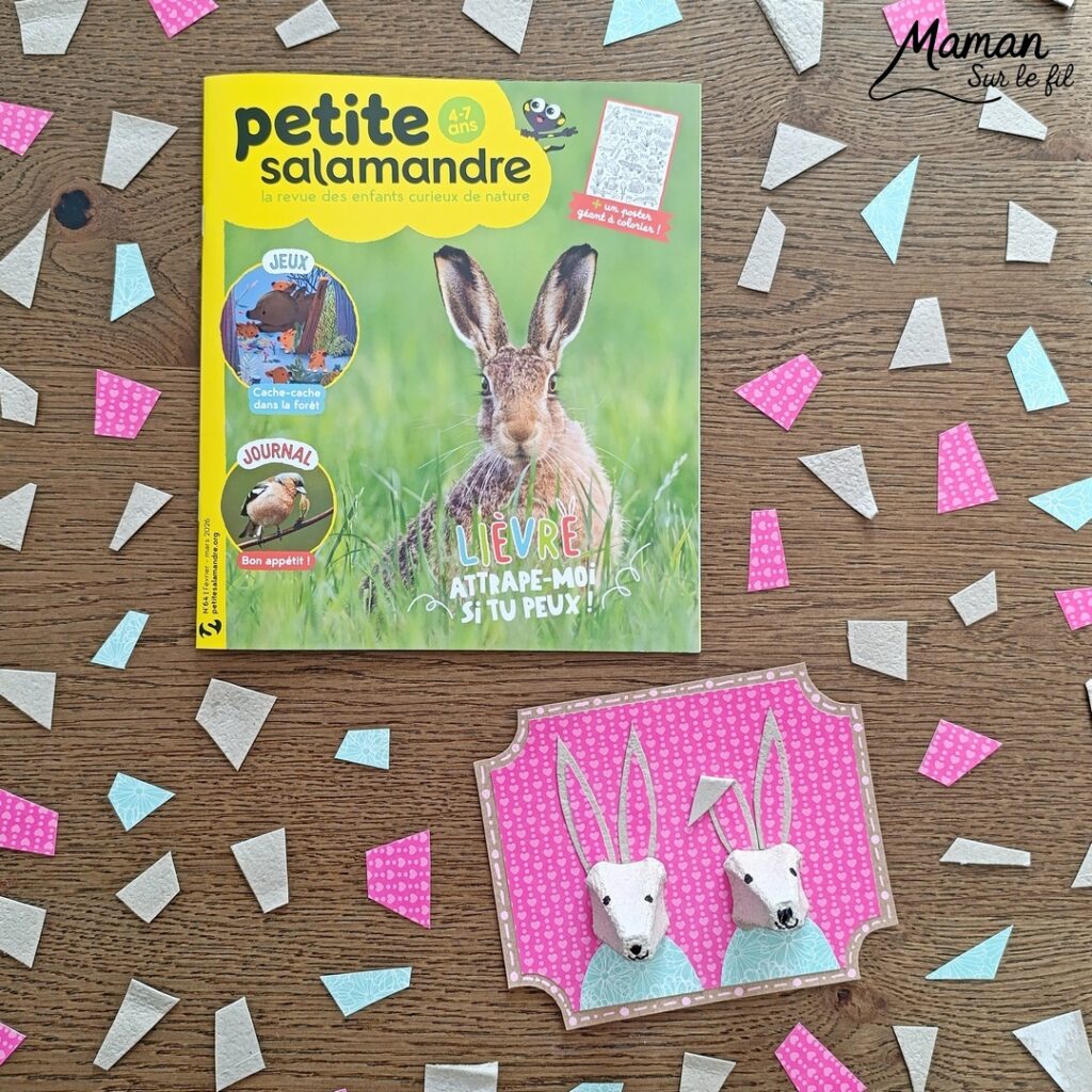 Fabriquer un tableau Couple de lièvres amoureux en récup' et présentation du nouveau magazine Petite Salamandre : activité créative, récup' et manuelle et lecture enfants - Recyclage, surcyclage d'une boite à oeufs et de carton - Découpage et collage de papier et de carton - Bricolage simple avec papier plein d'amour - Magazine Petite Salamandre parfaits pour les petits amoureux de la nature et des animaux 4 à 7 ans - Maternelle - 3 version pour tout âge - Complet et qualitatif - Reportages, belles photos, BD, jeux, activités manuelles... - Bricolage et décoration DIY et facile - Bricolage Fait maison, décoration - Thème Saint Valentin, amour, amitié, animaux de la forêt et campagne, nature - Bricolage sympa et facile - Arts visuels Maternelle et cycle 2 - Maternelle et élémentaire - Créativité et lecture jeunesse - Cycle 1 ou 2 - tutoriel photos - mslf