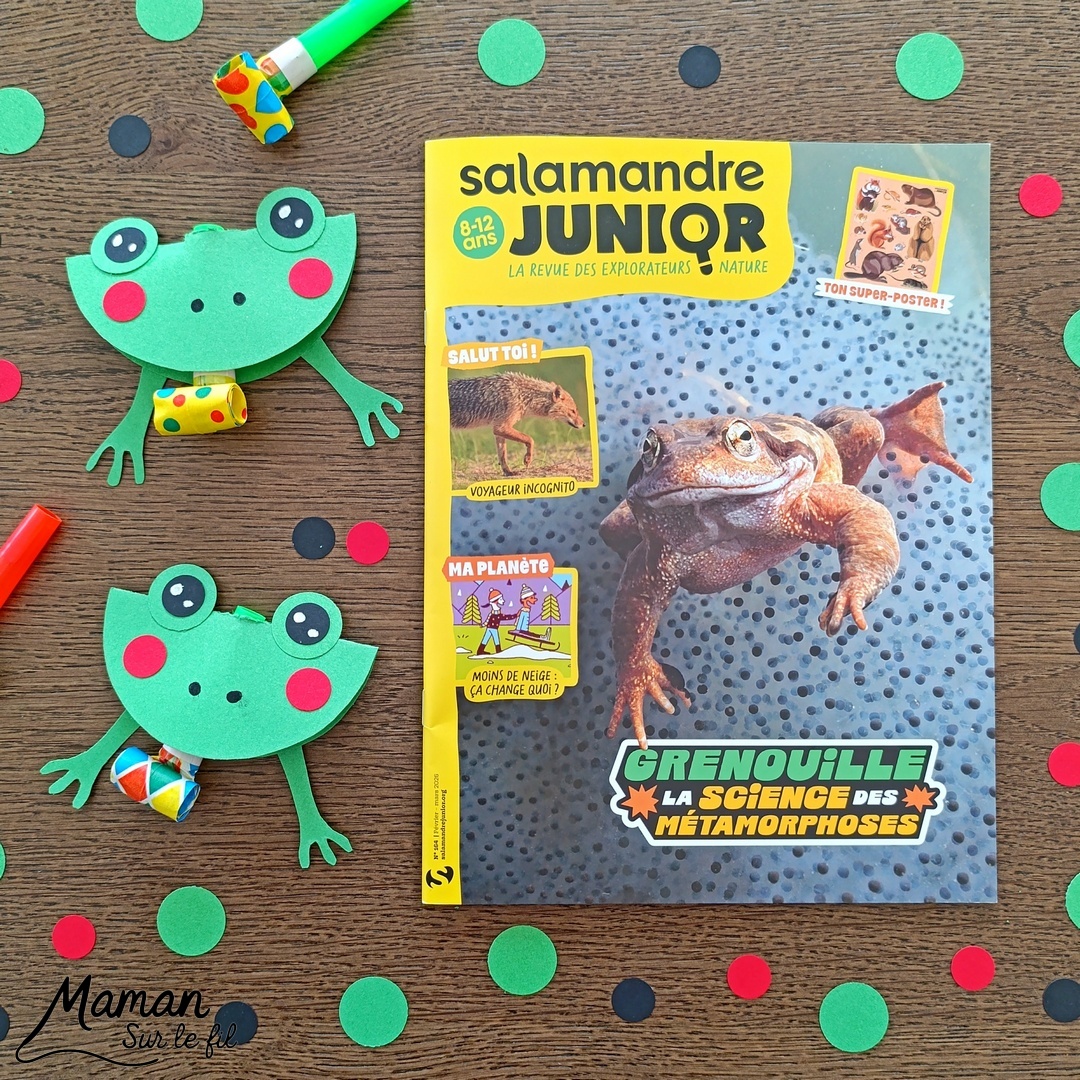 Fabriquer des grenouilles du carnaval qui tirent la langue et présentation du nouveau magazine Salamandre Junior : activité créative, collage et manuelle et lecture enfants - Fabriquer la grenouille avec des cercles de papier cartonné - Le système de langue est fait avec une langue de belle-mère ou mirliton - Magazine Salamandre Junior parfait pour 8 à 12 ans, amoureux de la nature et des animaux - Primaire et collège - 3 versions pour tout âge - Complet et qualitatif - Reportages, belles photos, BD, jeux, activités manuelles... - Bricolage et décoration DIY et facile - Bricolage Fait maison, décoration - Thème reptiles et batraciens, grenouilles et crapauds, carnaval, Mardi Gras - Bricolage sympa et facile - Arts visuels Maternelle et cycle 2 - Maternelle et élémentaire - Créativité et lecture jeunesse - Cycle 1 ou 2 - tutoriel photos et vidéo - mslf
