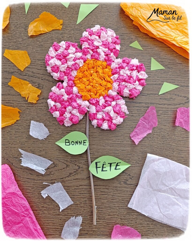 Fabriquer une fleur à offrir en carton et papier de soie : activité créative, collage, récup' et manuelle enfants - Recyclage, surcyclage de carton et de papiers de soie des colis - Boules de papier de soie froissé et collé - Tige avec branche d'arbre et message sur feuilles en papier - Colle vinylique - Cadeau DIY, fait maison à offrir - Bricolage facile et rigolo - Thème Saint Valentin, amour, amitié, coeurs, fête des mères, pères, grands-mères, grands-pères, à offrir, nature, printemps - Cadeau DIY - Bricolage et décoration sympa et facile - Arts visuels maternelle et élémentaire - Cycles 1 et 2 - Créativité - tutoriel photos et vidéo - mslf