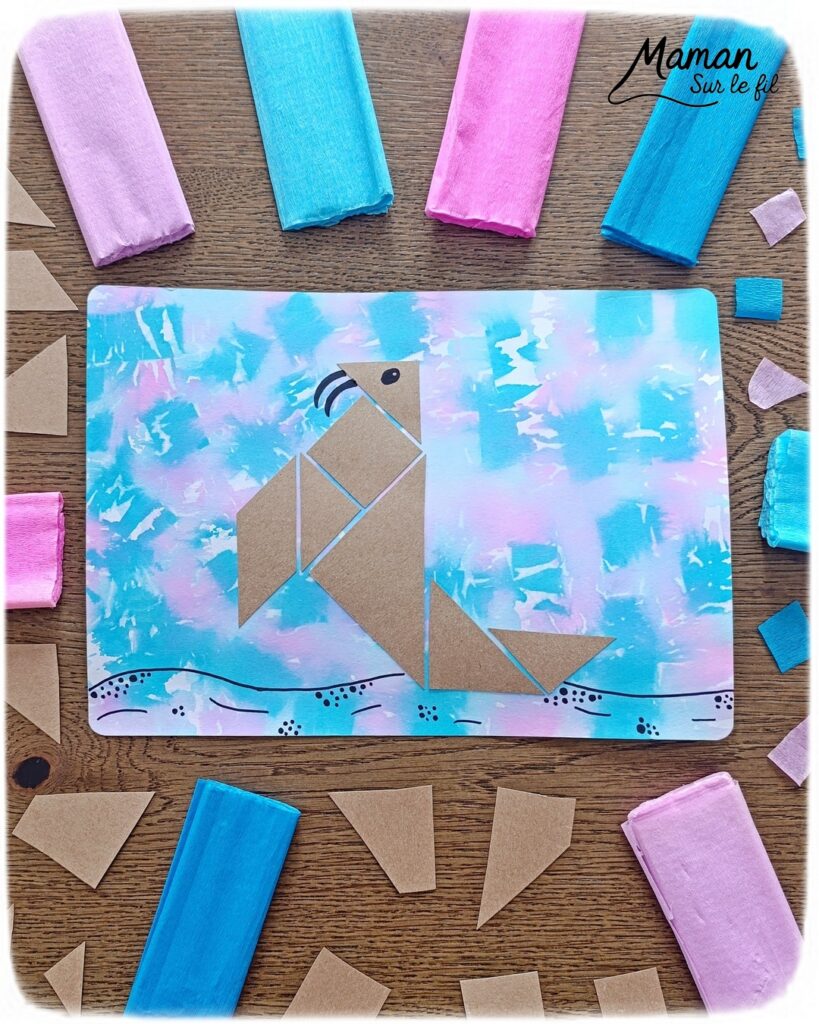 Créer un morse en origami sur fond au papier crépon : activité créative, récup' et manuelle enfants - Fond réalisé avec technique de peinture ludique : papier crépon découpé et eau - Recyclage, surcyclage de carton pour le morse en tangram - Géométrie, reproduction de modèles, dessin - Découpage, collage - - Bricolage facile et rigolo - Thème animaux du froid, de la banquise, neige, pôles, hiver - Bricolage et décoration sympa et facile - Arts visuels maternelle et élémentaire - Cycles 1 et 2 - Créativité - tutoriel photos - mslf