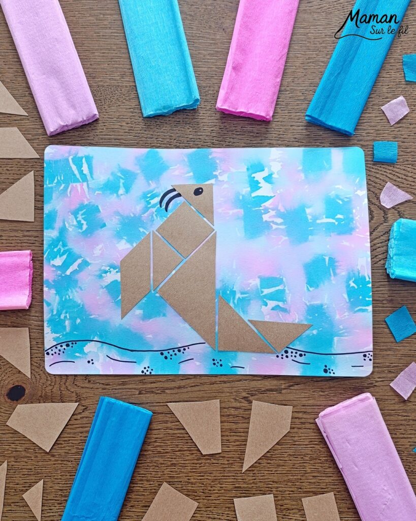 Créer un morse en origami sur fond au papier crépon : activité créative, récup' et manuelle enfants - Fond réalisé avec technique de peinture ludique : papier crépon découpé et eau - Recyclage, surcyclage de carton pour le morse en tangram - Géométrie, reproduction de modèles, dessin - Découpage, collage - - Bricolage facile et rigolo - Thème animaux du froid, de la banquise, neige, pôles, hiver - Bricolage et décoration sympa et facile - Arts visuels maternelle et élémentaire - Cycles 1 et 2 - Créativité - tutoriel photos - mslf