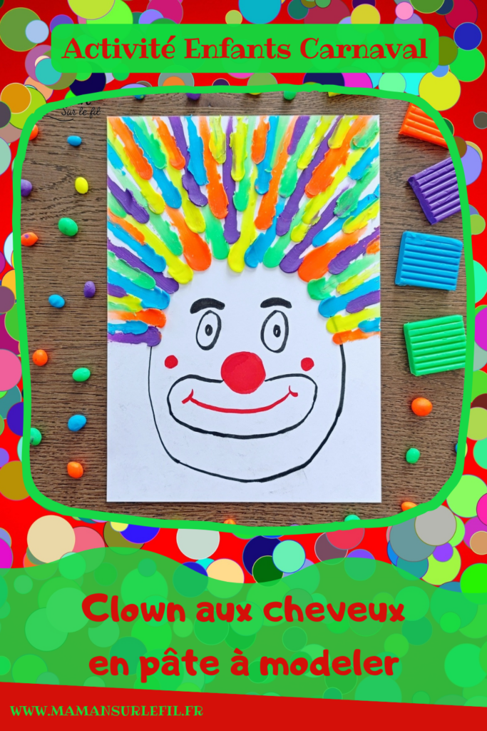 Créer un clown aux cheveux fous en pâte à modeler fluo étalée au doigt : activité créative, sensoriel et manuelle enfants - Dessin d'une tête de clown aux feutres noir et rouge - Cheveux multicolore créés en étalant des boules de pâte à modeler - Motricité fine, musculation des doigts, sensoriel - Bricolage facile, coloré et rigolo - Thème Carnaval, Mardi-Gras, cirque, anniversaire et fêtes - Bricolage et décoration sympa et facile - Arts visuels maternelle et élémentaire - Cycles 1 et 2 - Créativité - tutoriel photos et vidéo - mslf
