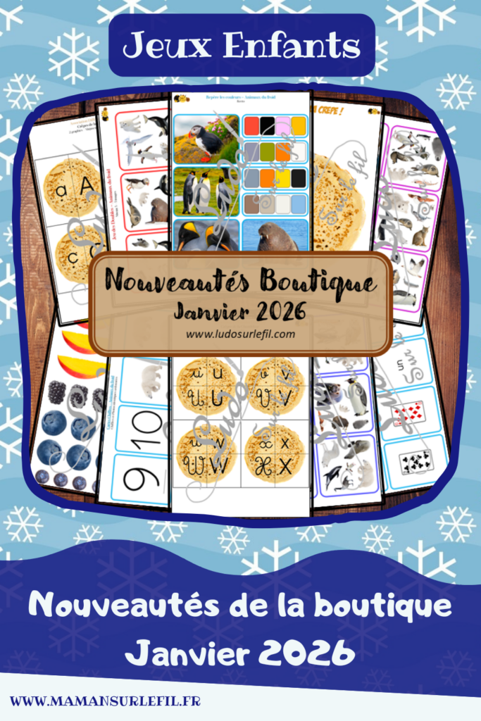 Nouveautés janvier 2026 - Boutique en ligne Ludo sur le fil - fichiers jeux pdf à télécharger et imprimer ou jeux imprimés envoyés à domicile - Thèmes Hiver, Animaux du froid, crêpes et Chandeleur - repère les couleurs, jeu des doubles, cartes Chiffres, association de graphies, écriture, puzzles, imagination, observation, langage oral, vocabulaire - Photos - Association, mise en paire, mathématiques - jeux, activités - PDF à télécharger et imprimer - PDF Gratuit, Printable à télécharger gratuitement - atelier autocorrectif multi niveaux donc progressif - Vocabulaire, lexique - Maternelle Cycle 2 - Autonomie - Carnaval, gourmandises, anniversaires, banquise, pôles - mslf