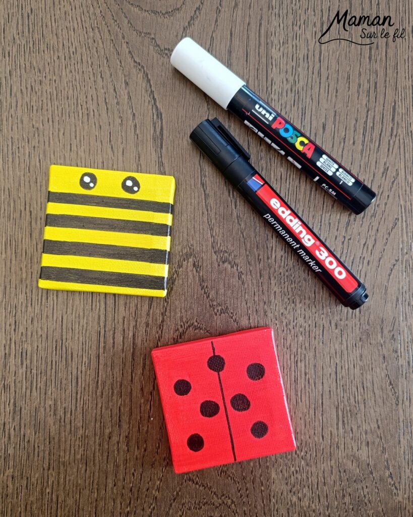 Créer une abeille et une coccinelle avec des mini tableaux : activité créative, peinture et manuelle enfants - Peinture des petites toiles, dessins des détails en noir (bandes et points) - Collage de papier pour ailes, dard et tête - Fils chenille pour les antennes - Bricolage sympa et facile - Thème insectes et autres petites bêtes, nature, printemps - Bricolage et décoration sympa et facile - Arts visuels maternelle et élémentaire - Cycles 1 et 2 - Créativité - tutoriel photos - mslf