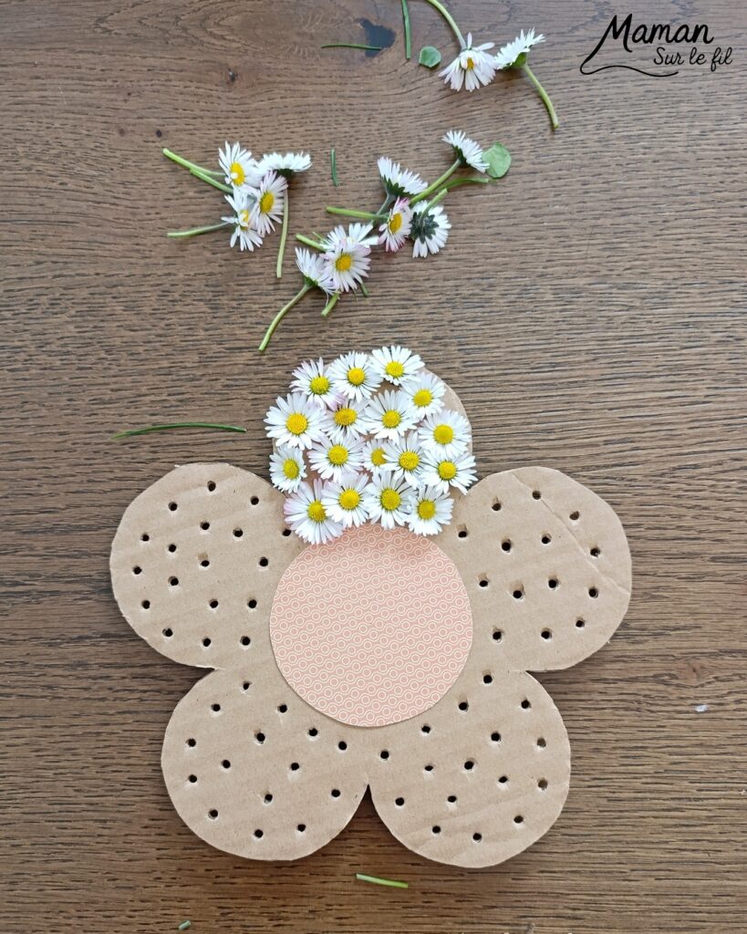 Fabriquer une fleur avec des pâquerettes et du carton : activité créative, récup', nature et manuelle enfants - Recyclage, surcyclage de carton - Coeur avec du papier à motifs - Trous dans le carton à remplir avec des fleurs pour décorer les pétales - Cueillette de pâquerettes - Utiliser les trésors du printemps - Land Art, atelier nature, école dehors - Décoration éphémère DIY Fait maison - Cadeau DIY, fait maison à offrir - Bricolage facile - Thème fleurs, nature, printemps - Bricolage et décoration sympa et facile - Arts visuels maternelle et élémentaire - Cycles 1 et 2 - Créativité - tutoriel photos et vidéo - mslf