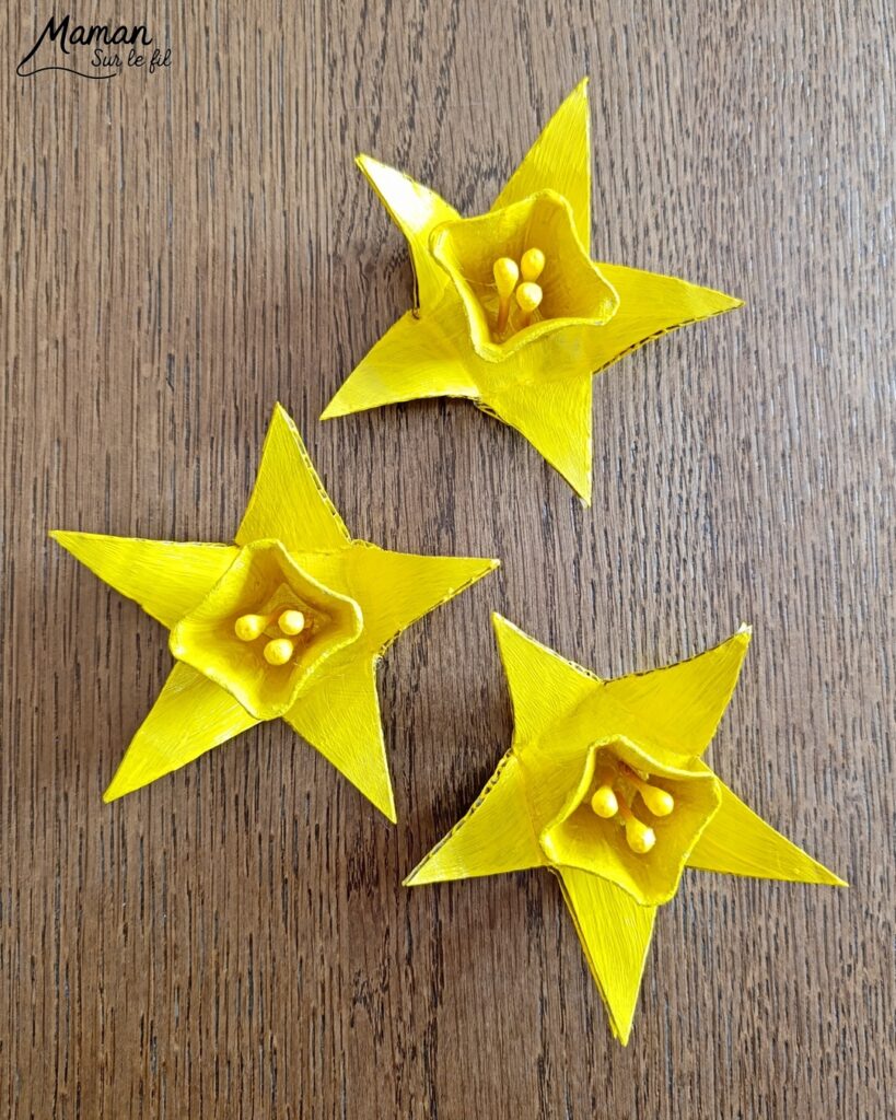 Fabriquer des jonquilles en récup' de carton et de boite à oeufs : activité créative, peinture et manuelle enfants - Recyclage, surcyclage de carton et de boites à oeufs - Découpage, peinture, collage - Cotons-tiges pour les pistils - Décoration DIY Fait maison - Cadeau DIY, fait maison à offrir - Bricolage facile - Thème fleurs, nature, printemps, fête des mères, grands-mères, saint-valentin, amour, amitié - Bricolage et décoration sympa et facile - Arts visuels maternelle et élémentaire - Cycles 1 et 2 - Créativité - tutoriel photos - mslf