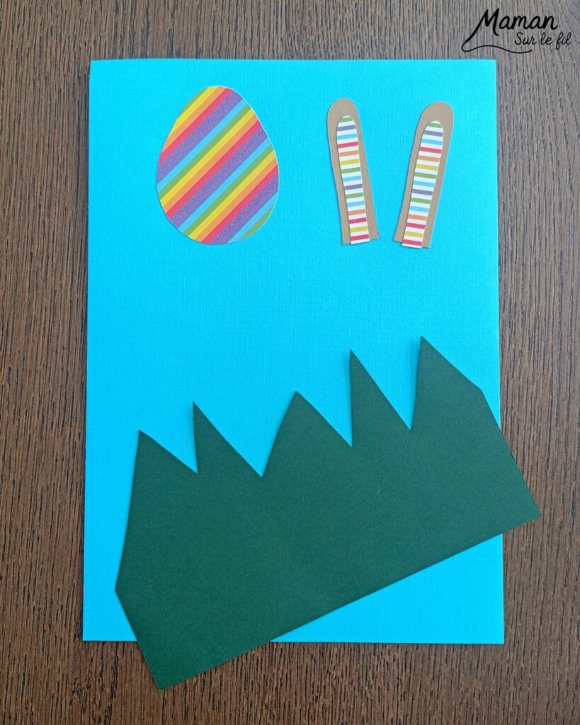 Lapin et oeufs de Pâques cachés dans l'herbe : activité créative, papier et manuelle enfants - Découpage et collage de papier - Chasse aux oeufs - Papier aux couleurs de l'arc-en-ciel - Décoration DIY Fait maison - Bricolage facile - Thème Pâques, gourmandises, chocolat, oeufs, chasse, cachettes, printemps, nature, jardin - Bricolage et décoration sympa et facile - Arts visuels maternelle et élémentaire - Cycles 1 et 2 - Créativité - tutoriel photos et vidéo - mslf