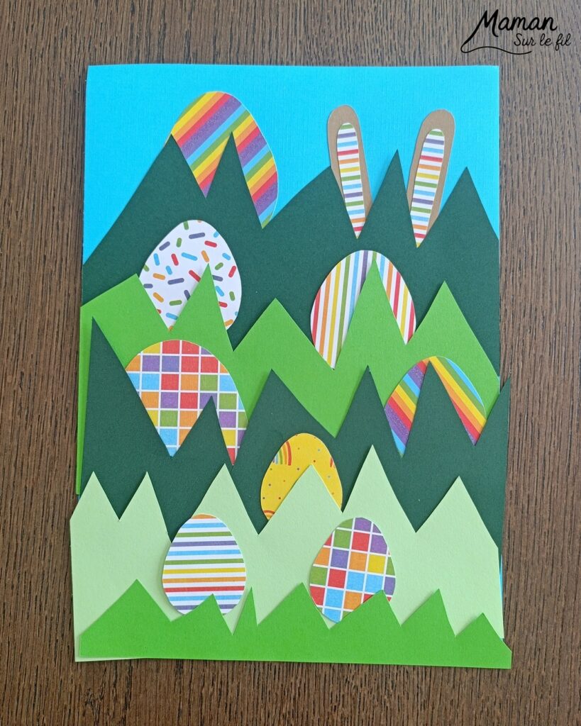 Lapin et oeufs de Pâques cachés dans l'herbe : activité créative, papier et manuelle enfants - Découpage et collage de papier - Chasse aux oeufs - Papier aux couleurs de l'arc-en-ciel - Décoration DIY Fait maison - Bricolage facile - Thème Pâques, gourmandises, chocolat, oeufs, chasse, cachettes, printemps, nature, jardin - Bricolage et décoration sympa et facile - Arts visuels maternelle et élémentaire - Cycles 1 et 2 - Créativité - tutoriel photos et vidéo - mslf