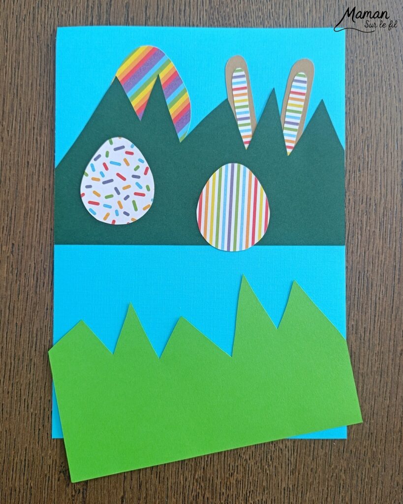 Lapin et oeufs de Pâques cachés dans l'herbe : activité créative, papier et manuelle enfants - Découpage et collage de papier - Chasse aux oeufs - Papier aux couleurs de l'arc-en-ciel - Décoration DIY Fait maison - Bricolage facile - Thème Pâques, gourmandises, chocolat, oeufs, chasse, cachettes, printemps, nature, jardin - Bricolage et décoration sympa et facile - Arts visuels maternelle et élémentaire - Cycles 1 et 2 - Créativité - tutoriel photos et vidéo - mslf