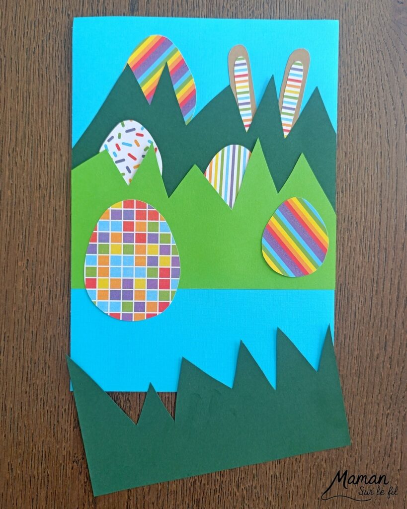 Lapin et oeufs de Pâques cachés dans l'herbe : activité créative, papier et manuelle enfants - Découpage et collage de papier - Chasse aux oeufs - Papier aux couleurs de l'arc-en-ciel - Décoration DIY Fait maison - Bricolage facile - Thème Pâques, gourmandises, chocolat, oeufs, chasse, cachettes, printemps, nature, jardin - Bricolage et décoration sympa et facile - Arts visuels maternelle et élémentaire - Cycles 1 et 2 - Créativité - tutoriel photos et vidéo - mslf