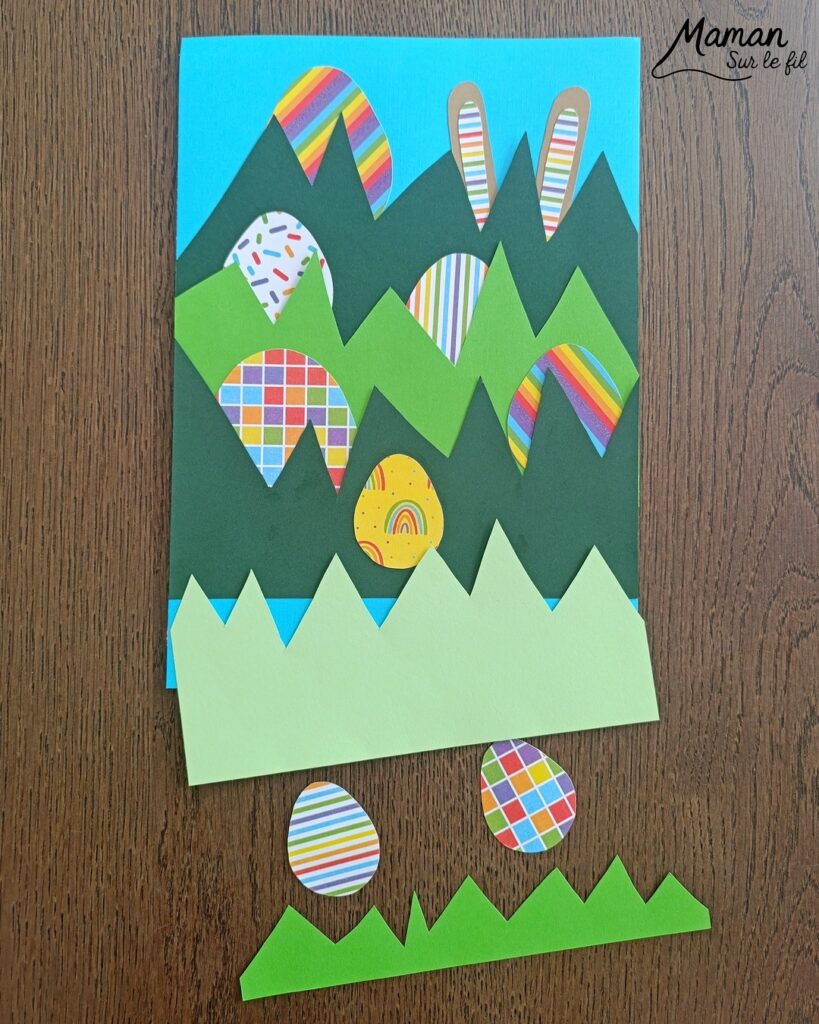 Lapin et oeufs de Pâques cachés dans l'herbe : activité créative, papier et manuelle enfants - Découpage et collage de papier - Chasse aux oeufs - Papier aux couleurs de l'arc-en-ciel - Décoration DIY Fait maison - Bricolage facile - Thème Pâques, gourmandises, chocolat, oeufs, chasse, cachettes, printemps, nature, jardin - Bricolage et décoration sympa et facile - Arts visuels maternelle et élémentaire - Cycles 1 et 2 - Créativité - tutoriel photos et vidéo - mslf