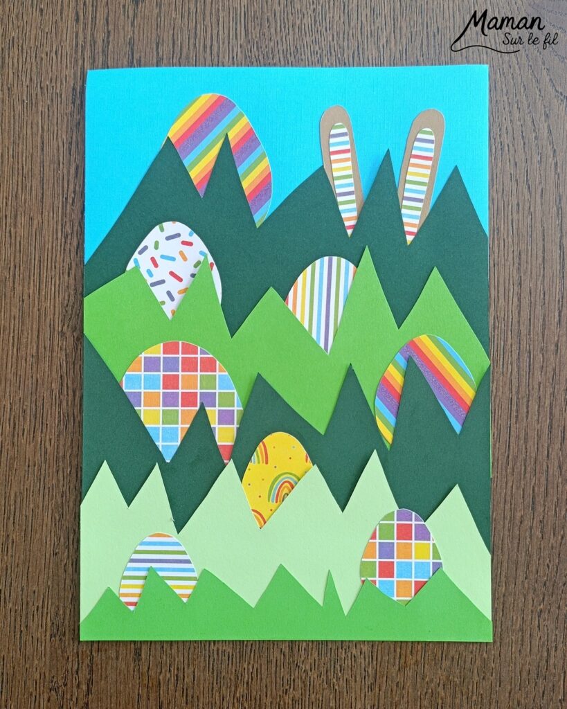 Lapin et oeufs de Pâques cachés dans l'herbe : activité créative, papier et manuelle enfants - Découpage et collage de papier - Chasse aux oeufs - Papier aux couleurs de l'arc-en-ciel - Décoration DIY Fait maison - Bricolage facile - Thème Pâques, gourmandises, chocolat, oeufs, chasse, cachettes, printemps, nature, jardin - Bricolage et décoration sympa et facile - Arts visuels maternelle et élémentaire - Cycles 1 et 2 - Créativité - tutoriel photos et vidéo - mslf