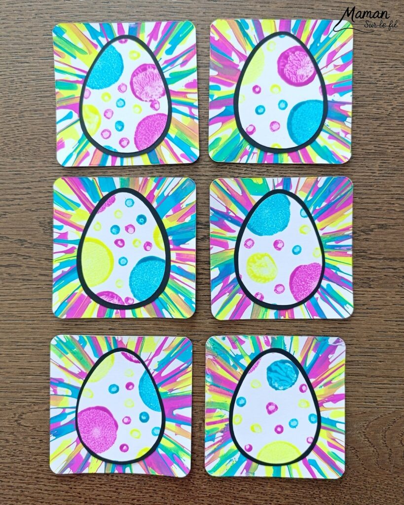 Peindre des oeufs de Pâques façon Pop Art à l'essoreuse à salade : activité créative, peinture et manuelle enfants - Techniques de peinture ludiques : essoreuse à salade pour le fond et tampons, cotons-tiges et bouchons pour l'oeuf - Marge noire pour le contraste - Découpage, collage - Couleurs vives pour contraste avec le noir - Décoration DIY Fait maison - Bricolage facile - Thème Pâques, gourmandises, chocolat, oeufs - Bricolage et décoration sympa et facile - Arts visuels maternelle et élémentaire - Cycles 1 et 2 - Créativité - tutoriel photos - mslf