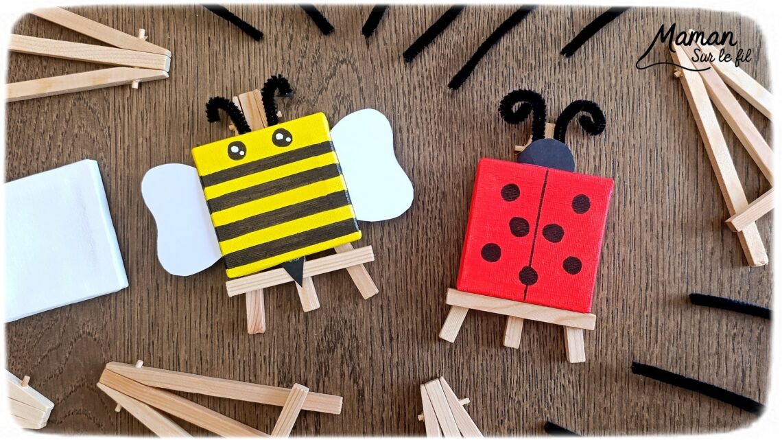 Créer une abeille et une coccinelle avec des mini tableaux : activité créative, peinture et manuelle enfants - Peinture des petites toiles, dessins des détails en noir (bandes et points) - Collage de papier pour ailes, dard et tête - Fils chenille pour les antennes - Bricolage sympa et facile - Thème insectes et autres petites bêtes, nature, printemps - Bricolage et décoration sympa et facile - Arts visuels maternelle et élémentaire - Cycles 1 et 2 - Créativité - tutoriel photos - mslf
