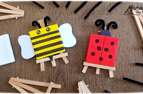 Créer une abeille et une coccinelle avec des mini tableaux : activité créative, peinture et manuelle enfants - Peinture des petites toiles, dessins des détails en noir (bandes et points) - Collage de papier pour ailes, dard et tête - Fils chenille pour les antennes - Bricolage sympa et facile - Thème insectes et autres petites bêtes, nature, printemps - Bricolage et décoration sympa et facile - Arts visuels maternelle et élémentaire - Cycles 1 et 2 - Créativité - tutoriel photos - mslf