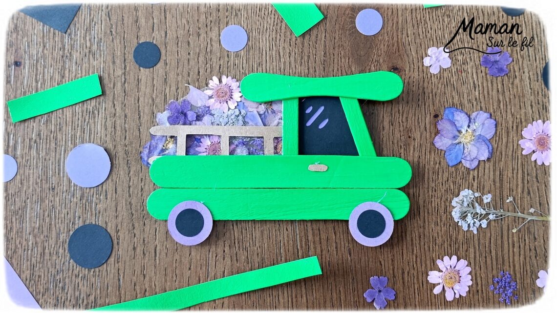 Fabriquer un camion printanier pour le transport des fleurs : activité créative, récup', nature, peinture et manuelle enfants - Recyclage, surcyclage de bâtonnets de glace en bois - Peindre en vert pour rappeler l'herbe du printemps - Carton pour la barrière - Papier pour les roues et la fenêtre - Fleurs séchées collées sur une pochette plastique - Utiliser les trésors du printemps - Land Art, atelier nature, école dehors - Décoration DIY Fait maison - Cadeau DIY, fait maison à offrir - Bricolage facile et rapide - Thème fleurs, nature, printemps, véhicules terrestres - Bricolage et décoration sympa et facile - Arts visuels maternelle et élémentaire - Cycles 1 et 2 - Créativité - tutoriel photos - mslf