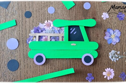 Fabriquer un camion printanier pour le transport des fleurs : activité créative, récup', nature, peinture et manuelle enfants - Recyclage, surcyclage de bâtonnets de glace en bois - Peindre en vert pour rappeler l'herbe du printemps - Carton pour la barrière - Papier pour les roues et la fenêtre - Fleurs séchées collées sur une pochette plastique - Utiliser les trésors du printemps - Land Art, atelier nature, école dehors - Décoration DIY Fait maison - Cadeau DIY, fait maison à offrir - Bricolage facile et rapide - Thème fleurs, nature, printemps, véhicules terrestres - Bricolage et décoration sympa et facile - Arts visuels maternelle et élémentaire - Cycles 1 et 2 - Créativité - tutoriel photos - mslf