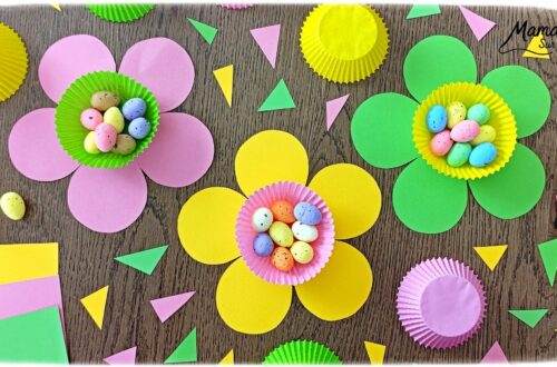 Fabriquer des fleurs printanières remplies d'oeufs de Pâques : activité créative et manuelle enfants - Activité de transition entre le printemps et Pâques - Fleurs aux couleurs de printemps avec papier et caissettes à cupcake - - Coeur comme un panier rempli de petits oeufs de Pâques en sucre ou en polystyrène - Décoration DIY Fait maison - Cadeau DIY, fait maison à offrir - Bricolage facile - Thème fleurs, nature, printemps, Pâques, gourmandises, chocolat, bonbons - Bricolage et décoration sympa et facile - Arts visuels maternelle et élémentaire - Cycles 1 et 2 - Créativité - tutoriel photos - mslf