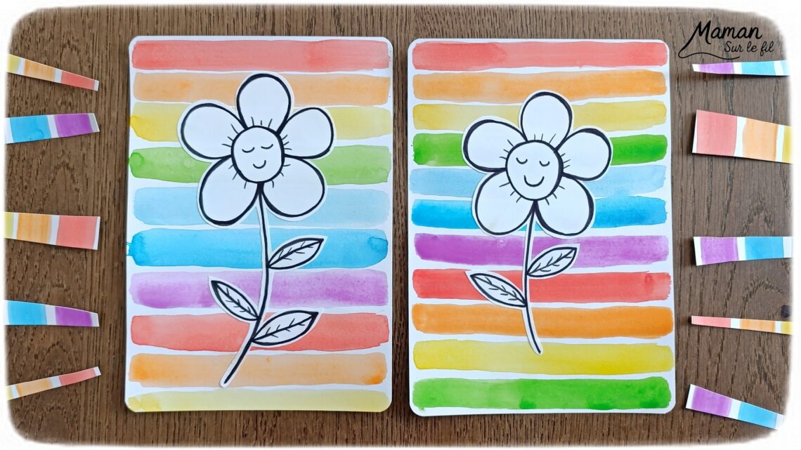 Créer une fleur en noir et blanc sur fond coloré Arc-en-ciel : activité créative, peinture et manuelle enfants - Peinture type aquarelle - Tracé de lignes horizontales aux couleurs de l'arc-en-ciel - Dessin de la fleur au feutre noir - Découpage, collage, contraste - Cadeau DIY, fait maison à offrir - Bricolage facile - Thème fleurs, nature, printemps - Bricolage et décoration sympa et facile - Arts visuels maternelle et élémentaire - Cycles 1 et 2 - Créativité - tutoriel photos - mslf