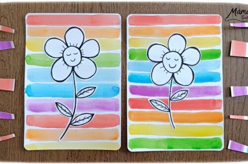 Créer une fleur en noir et blanc sur fond coloré Arc-en-ciel : activité créative, peinture et manuelle enfants - Peinture type aquarelle - Tracé de lignes horizontales aux couleurs de l'arc-en-ciel - Dessin de la fleur au feutre noir - Découpage, collage, contraste - Cadeau DIY, fait maison à offrir - Bricolage facile - Thème fleurs, nature, printemps - Bricolage et décoration sympa et facile - Arts visuels maternelle et élémentaire - Cycles 1 et 2 - Créativité - tutoriel photos - mslf