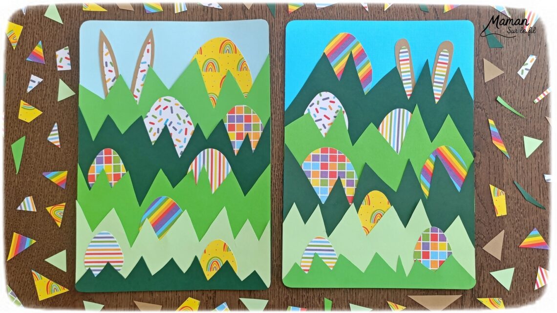 Lapin et oeufs de Pâques cachés dans l'herbe : activité créative, papier et manuelle enfants - Découpage et collage de papier - Chasse aux oeufs - Papier aux couleurs de l'arc-en-ciel - Décoration DIY Fait maison - Bricolage facile - Thème Pâques, gourmandises, chocolat, oeufs, chasse, cachettes, printemps, nature, jardin - Bricolage et décoration sympa et facile - Arts visuels maternelle et élémentaire - Cycles 1 et 2 - Créativité - tutoriel photos et vidéo - mslf