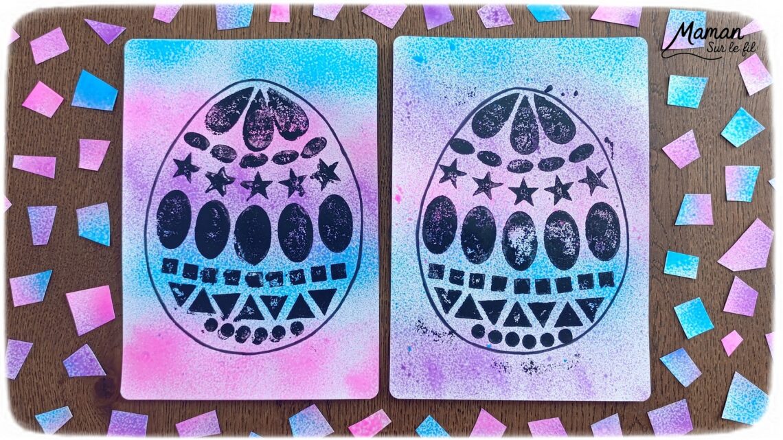 Peindre un oeuf de Pâques avec des empreintes de gommettes en mousse : activité créative, peinture et manuelle enfants - Fond en peinture en spray - Pulvérisation de peinture - Couleurs vives pour contraste avec le noir - Collage de gommettes épaisses en mousse pour créer l'oeuf de Pâques - Peinture noir pour utiliser comme tampon - Décoration DIY Fait maison - Bricolage facile - Thème Pâques, gourmandises, chocolat, oeufs - Bricolage et décoration sympa et facile - Arts visuels maternelle et élémentaire - Cycles 1 et 2 - Créativité - tutoriel photos et vidéo - mslf