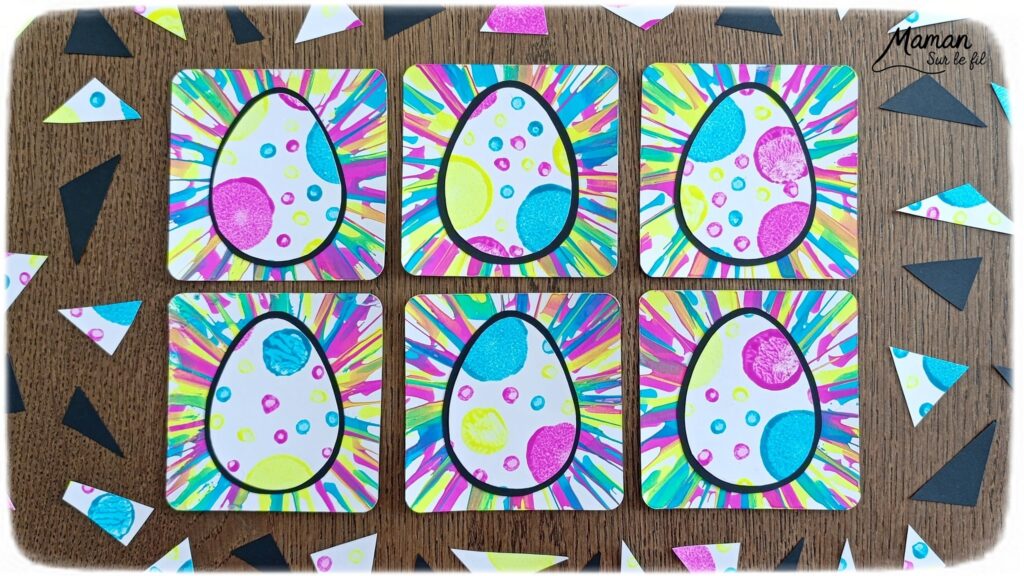 Peindre des oeufs de Pâques façon Pop Art à l'essoreuse à salade : activité créative, peinture et manuelle enfants - Techniques de peinture ludiques : essoreuse à salade pour le fond et tampons, cotons-tiges et bouchons pour l'oeuf - Marge noire pour le contraste - Découpage, collage - Couleurs vives pour contraste avec le noir - Décoration DIY Fait maison - Bricolage facile - Thème Pâques, gourmandises, chocolat, oeufs - Bricolage et décoration sympa et facile - Arts visuels maternelle et élémentaire - Cycles 1 et 2 - Créativité - tutoriel photos - mslf