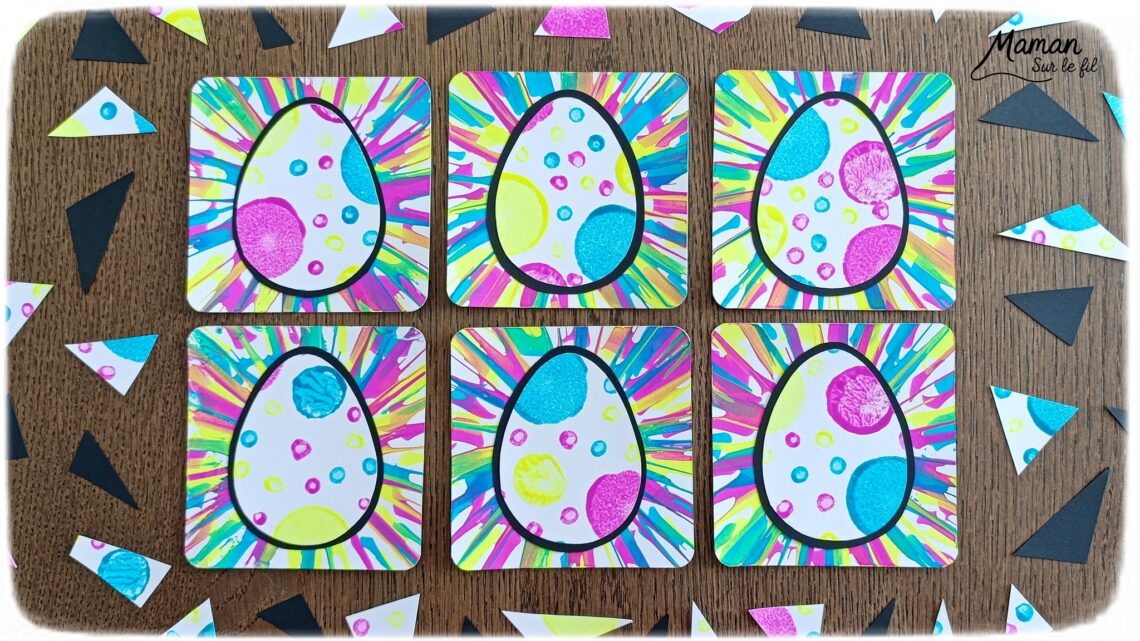 Peindre des oeufs de Pâques façon Pop Art à l'essoreuse à salade : activité créative, peinture et manuelle enfants - Techniques de peinture ludiques : essoreuse à salade pour le fond et tampons, cotons-tiges et bouchons pour l'oeuf - Marge noire pour le contraste - Découpage, collage - Couleurs vives pour contraste avec le noir - Décoration DIY Fait maison - Bricolage facile - Thème Pâques, gourmandises, chocolat, oeufs - Bricolage et décoration sympa et facile - Arts visuels maternelle et élémentaire - Cycles 1 et 2 - Créativité - tutoriel photos - mslf