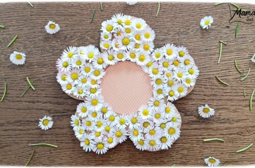 Fabriquer une fleur avec des pâquerettes et du carton : activité créative, récup', nature et manuelle enfants - Recyclage, surcyclage de carton - Coeur avec du papier à motifs - Trous dans le carton à remplir avec des fleurs pour décorer les pétales - Cueillette de pâquerettes - Utiliser les trésors du printemps - Land Art, atelier nature, école dehors - Décoration éphémère DIY Fait maison - Cadeau DIY, fait maison à offrir - Bricolage facile - Thème fleurs, nature, printemps - Bricolage et décoration sympa et facile - Arts visuels maternelle et élémentaire - Cycles 1 et 2 - Créativité - tutoriel photos et vidéo - mslf