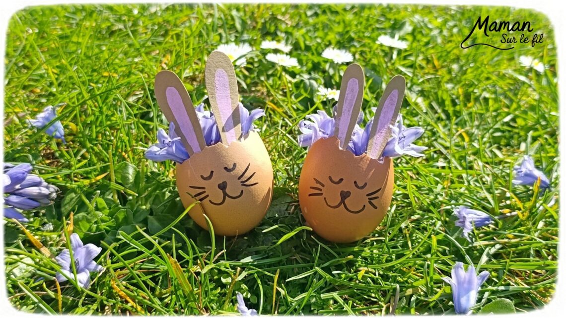 Fabriquer des lapins fleuris avec des coquilles d'oeufs : activité créative, récup', nature et manuelle enfants - Coquilles d'oeufs utilisées comme des vases - Oreilles de lapins de Pâques avec papier - Fleurs pour décorer la tête et les cheveux - Décoration éphémère DIY Fait maison - Cadeau DIY, fait maison à offrir - Bricolage facile - Land Art, Atelier nature, école dehors - Thème fleurs, nature, printemps, Pâques, oeufs, lapins, animaux de la forêt ou de la ferme - Bricolage et décoration sympa et facile - Arts visuels maternelle et élémentaire - Cycles 1 et 2 - Créativité - tutoriel photos - mslf