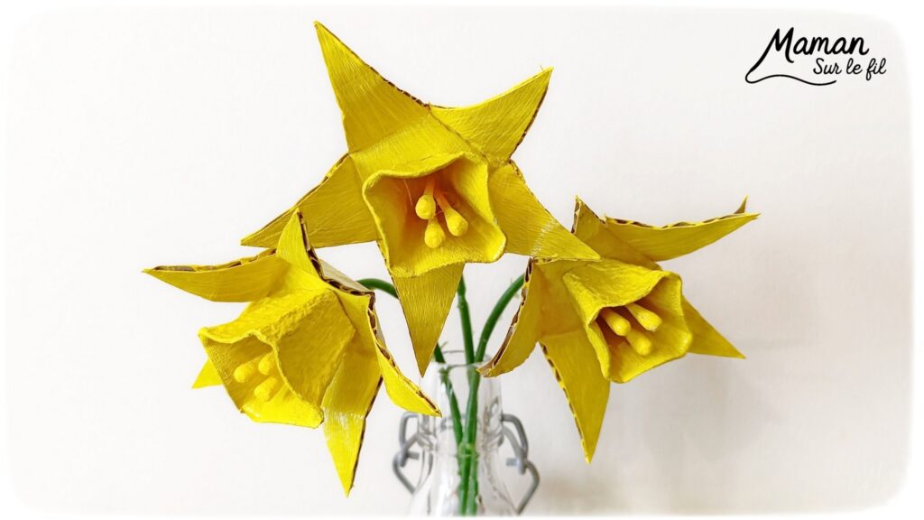 Fabriquer des jonquilles en récup' de carton et de boite à oeufs : activité créative, peinture et manuelle enfants - Recyclage, surcyclage de carton et de boites à oeufs - Découpage, peinture, collage - Cotons-tiges pour les pistils - Décoration DIY Fait maison - Cadeau DIY, fait maison à offrir - Bricolage facile - Thème fleurs, nature, printemps, fête des mères, grands-mères, saint-valentin, amour, amitié - Bricolage et décoration sympa et facile - Arts visuels maternelle et élémentaire - Cycles 1 et 2 - Créativité - tutoriel photos - mslf