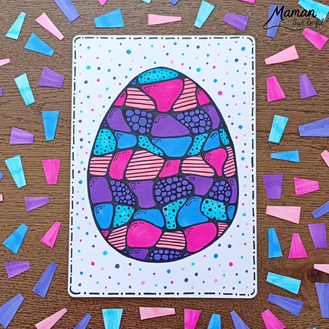 Dessiner un oeuf de Pâques façon Art Thérapie : activité créative, dessin et manuelle enfants et adultes - Dessins et graphismes façon Zen Art - Détente, relaxation, gestion du stress, coloriage - Contraste entre les couleurs et le noir - Décoration DIY Fait maison - Thème Pâques, gourmandises, chocolat, oeufs - Bricolage et décoration sympa et facile - Arts visuels maternelle et élémentaire - Cycles 2, 3 ou 4 - Créativité - tutoriel photos - mslf