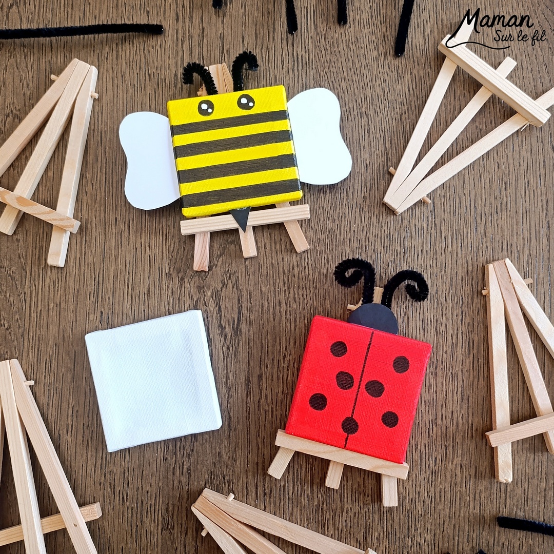 Créer une abeille et une coccinelle avec des mini tableaux : activité créative, peinture et manuelle enfants - Peinture des petites toiles, dessins des détails en noir (bandes et points) - Collage de papier pour ailes, dard et tête - Fils chenille pour les antennes - Bricolage sympa et facile - Thème insectes et autres petites bêtes, nature, printemps - Bricolage et décoration sympa et facile - Arts visuels maternelle et élémentaire - Cycles 1 et 2 - Créativité - tutoriel photos - mslf