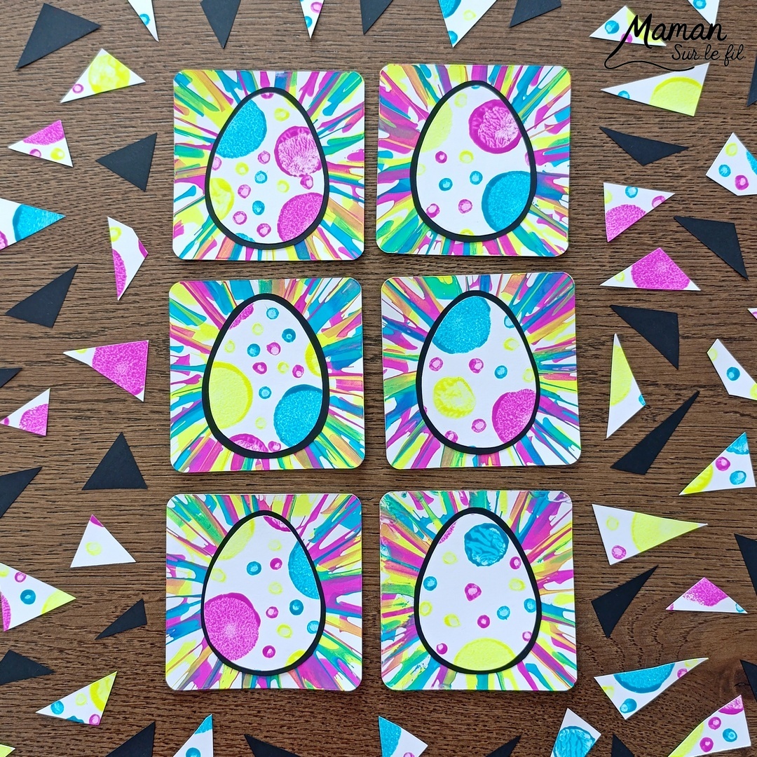 Peindre des oeufs de Pâques façon Pop Art à l'essoreuse à salade : activité créative, peinture et manuelle enfants - Techniques de peinture ludiques : essoreuse à salade pour le fond et tampons, cotons-tiges et bouchons pour l'oeuf - Marge noire pour le contraste - Découpage, collage - Couleurs vives pour contraste avec le noir - Décoration DIY Fait maison - Bricolage facile - Thème Pâques, gourmandises, chocolat, oeufs - Bricolage et décoration sympa et facile - Arts visuels maternelle et élémentaire - Cycles 1 et 2 - Créativité - tutoriel photos - mslf